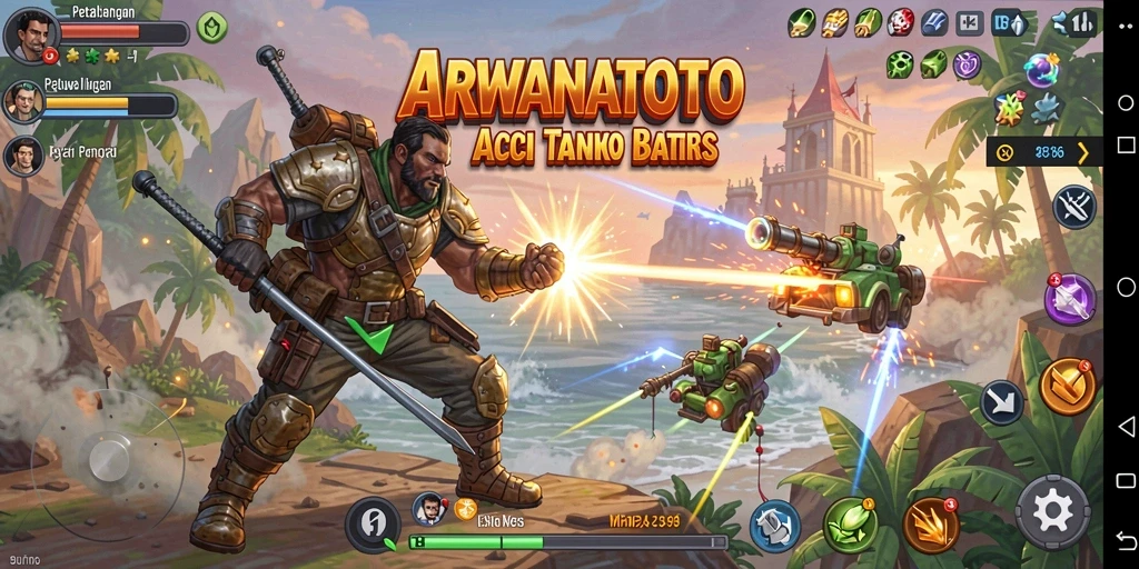 Screenshot utama ARWANATOTO menampilkan aksi pertempuran yang seru.