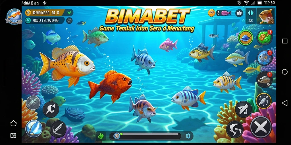 Screenshot menunjukkan gameplay seru dalam BIMABET dengan beragam ikan berwarna-warni.