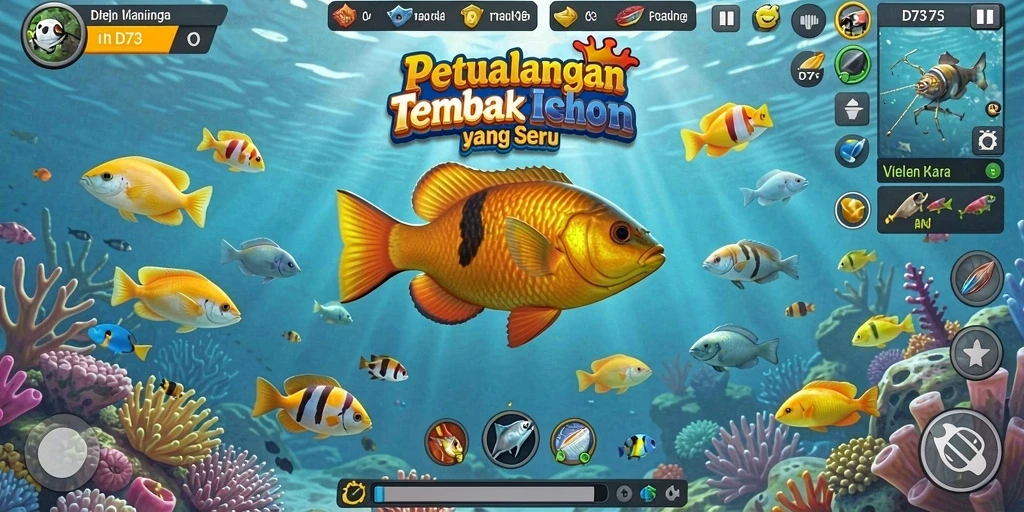 Screenshot gameplay menarik dari D73 yang menunjukkan aksi tembak ikan.