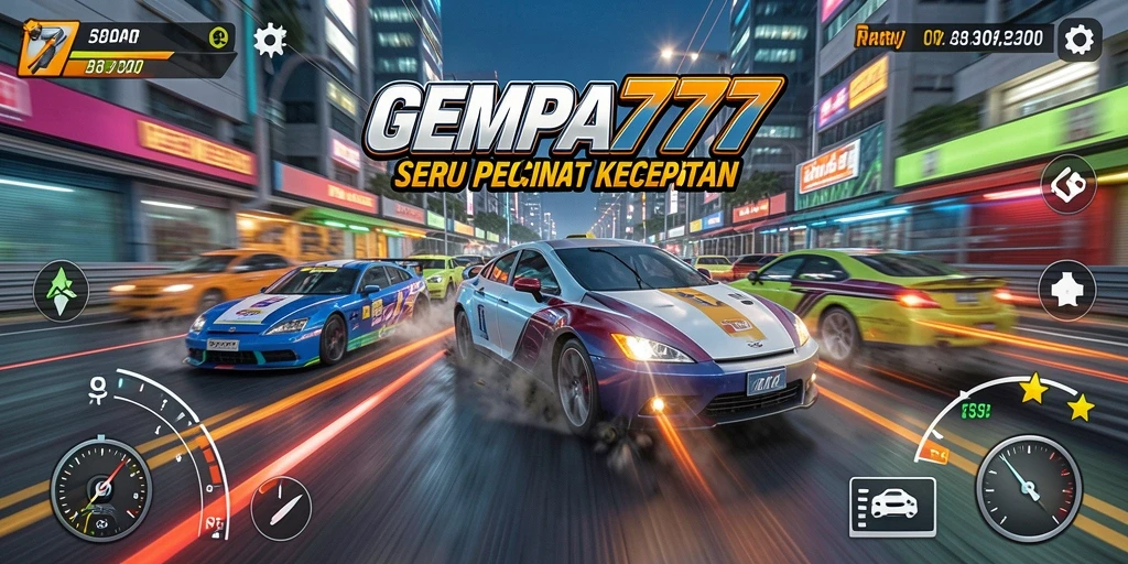 Gameplay GEMPA777 dengan mobil balap di lintasan yang menantang.