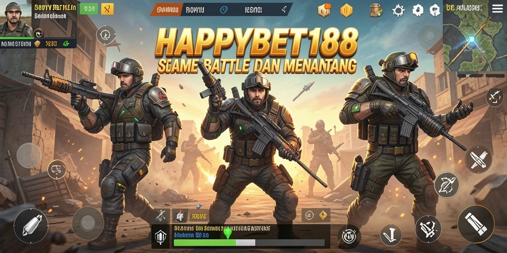 Screenshot utama HAPPYBET188 menunjukkan aksi intens dalam gameplay Battle Royale.