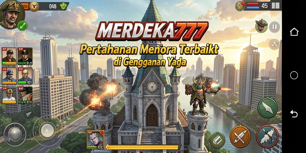 Menampilkan gameplay MERDEKA777 dengan aksi menara pertahanan yang intens.