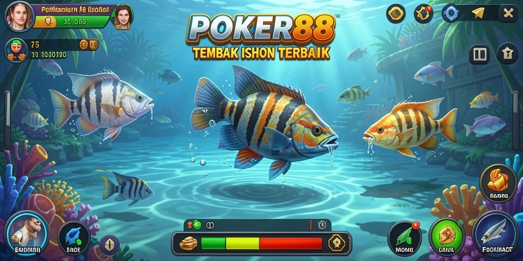 Screenshot gameplay POKER88 yang menampilkan aksi tembak ikan yang seru.