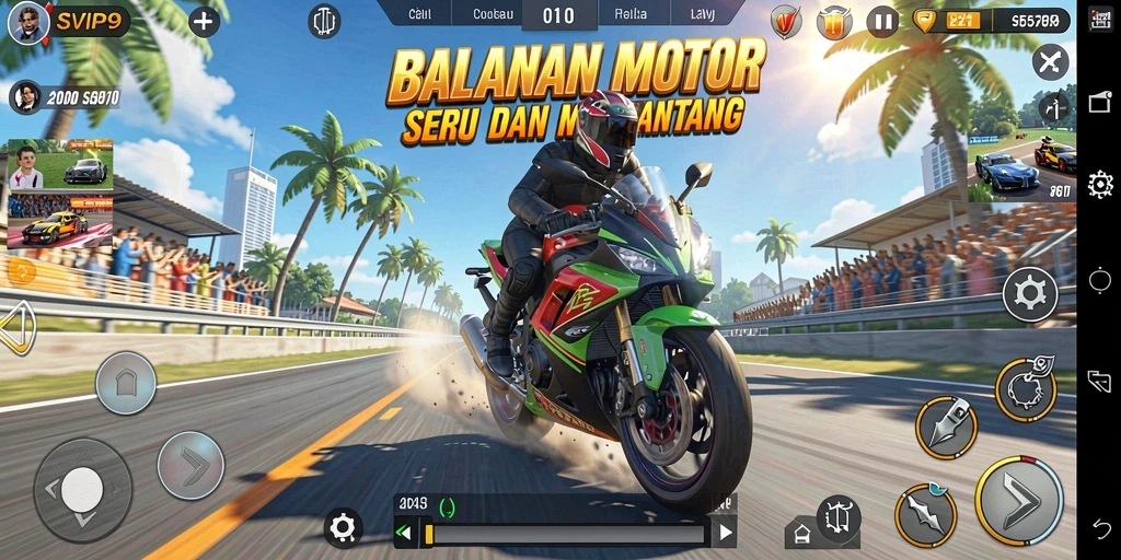 Tampilan gameplay seru di atas lintasan balapan motor.